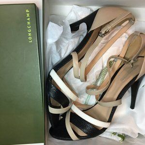 Longchamp More Is More- Black & Tan Beige Crossover Strappy Sandals 9.5/41